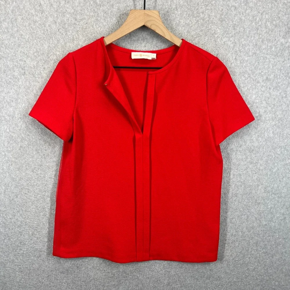 Tory Burch Short Sleeve Top Womens 0 Red‎ Crepe Keyhole Side Zip EUC